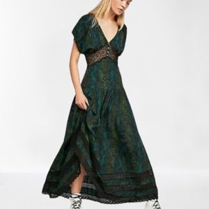 Free People Green Snake Print Lace Maxi Dress